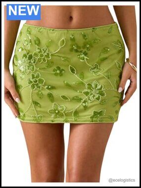 Women's Sequin Floral Mini Skirt Low Rise Bodycon Sparkly Beaded Skirt Casual